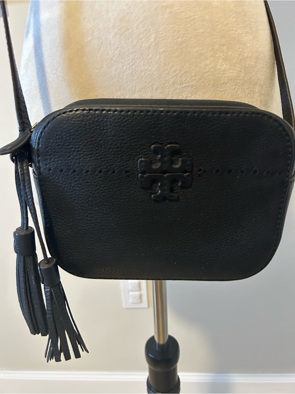 Tory Burch Black Leather Crossbody Camera Bag with Tassels